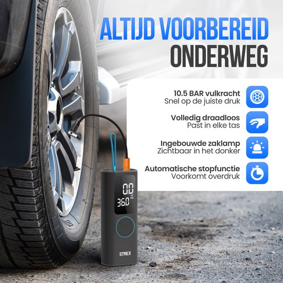Strex Elektrische Reifenpumpe - Kabelloser Mini-Kompressor 3-in-1 - Auto, Fahrrad, Roller, Ball & Luftmatratze - bis zu 10,5 bar / 150 PSI - 30L/min - 8000 mAh Powerbank & Taschenlampe