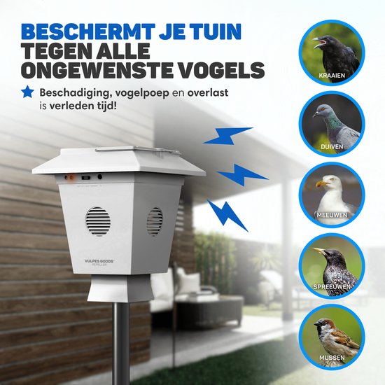 Vulpes Goods® Bird Repellent PRO - Vogelabwehr - Ultraschall - Tierfreundlich - Solar­betrieben - Weiß/Schwarz