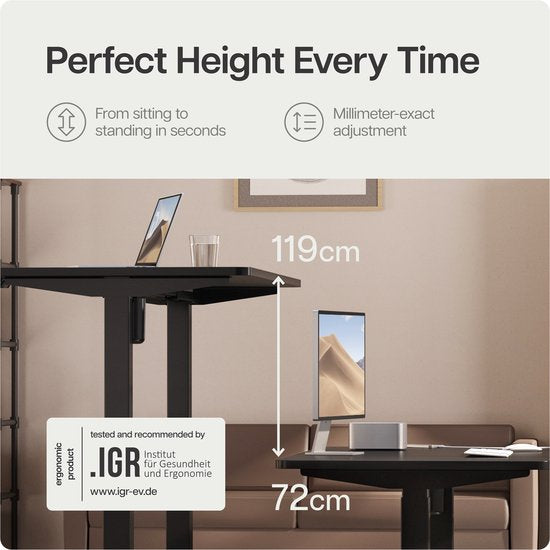 Desktronic HomeOne Sitz-Steh-Schreibtisch, elektrisch höhenverstellbar, Gestell schwarz, 120 x 60–160 x 80 cm, Tischplatte