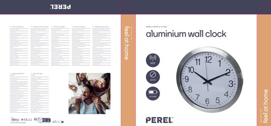 Perel Wanduhr, rund, analog, 40 cm, funkgesteuerte Zeitanzeige (DCF), Aluminium, silber