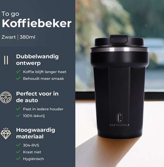 Castagnola Thermos Cup - Kaffeebecher To Go - Reisebecher für Kaffee und Tee - Teebecher - 380 ML - Edelstahl - Schwarz - Octagon
