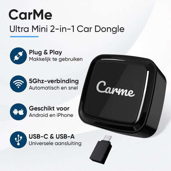 CarMe Ultra Mini 2-in-1 CarPlay Dongle - Drahtloses CarPlay & Android Auto - USB-A & USB-C - Android Auto Dongle - Schwarz