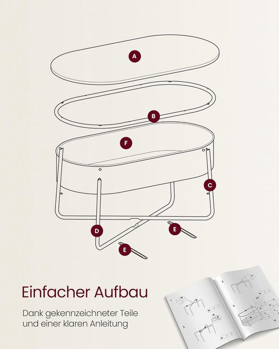 Furnstar - Couchtisch oval - Tisch mit Ablage - Beistelltisch - Wohnzimmertisch mit Stoffkorb - Modernes Design - Metallgestell - Mattweiß Kamelbraun