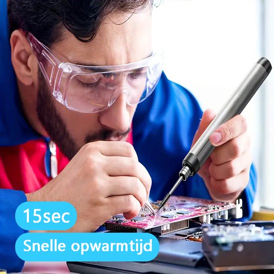 Tech Essentials Kabelloses Lötkolben - 8W - USB-C - Mit Dose - Kit - Feinlöten - Stift - Batterie - Lötset - Löten - Grau