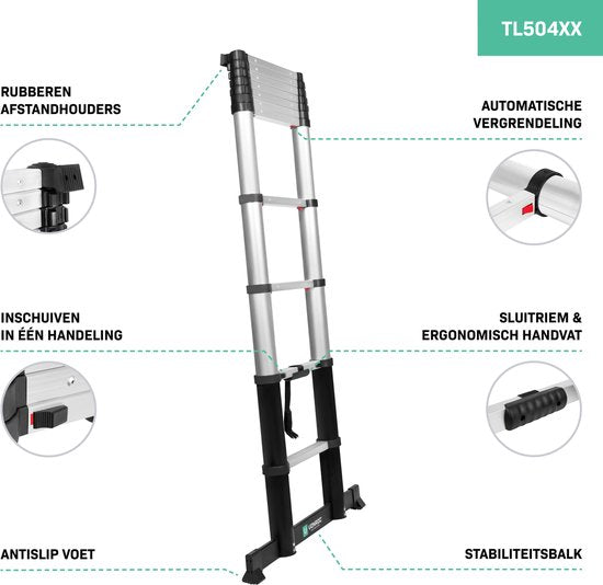 VONROC PRO Teleskopleiter - 3,20 Meter - zugelassen nach EU- und NL-Sicherheitsnormen - soft close - integrierte Wandhalterungen und Querstange für mehr Halt und Sicherheit