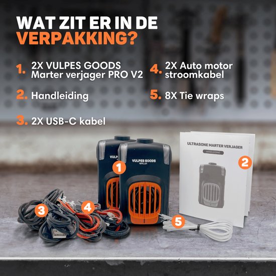 Vulpes Goods® Abschreckung - Marderabschreckung - Steinmarderabschreckung - Marderjäger - Indoor & Outdoor - Automatische Frequenzen & Blitzlichter - USB & Autobatterie - Marder, Mäuse & Ratten - PRO V2 - 2 Stück
