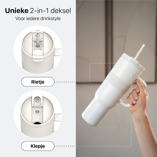 ONYX Trinkflasche mit Strohhalm 1 Liter - Trinkflasche für Kinder & Erwachsene - Thermoskanne Edelstahl-Reisebecher - Motivations-Trinker - Trinkbecher für die Schule - Coco White