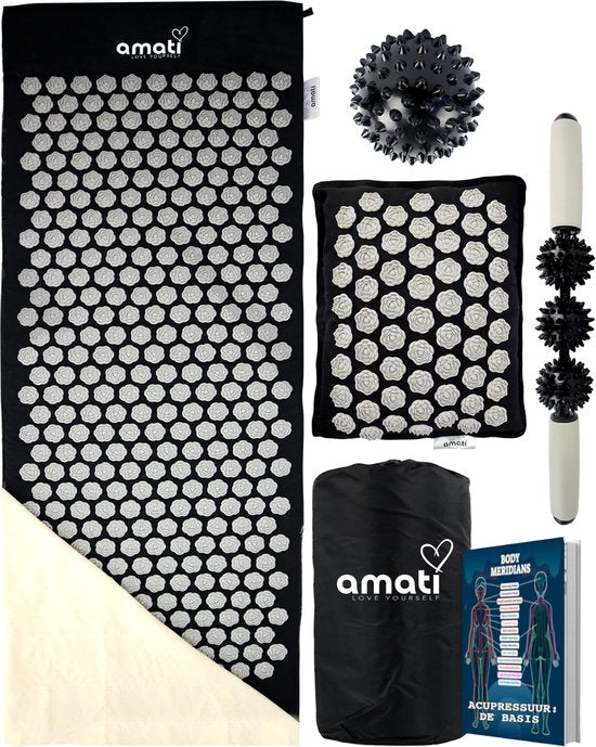 Amati Blue Lotus Nail Mat - mit Kissen - Massage Roller & Ball - Akupressur Matte - Shakti Mat - Schwarz
