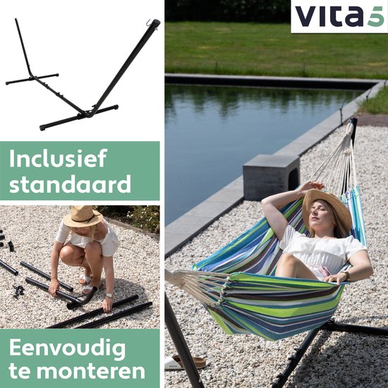 Vita5 - Hängematte - mit Ständer - 2 Personen - bis zu 205 kg - inkl. Tragetasche - Blau/Grün