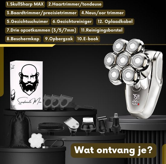 6-in-1 Sansbeauté® SkullSharp MAX Rasierer - Für Männer - Trimmer - Clipper - Gesichts- und Kopfrasierer - Nass- und Trockenrasur - Elektrisch
