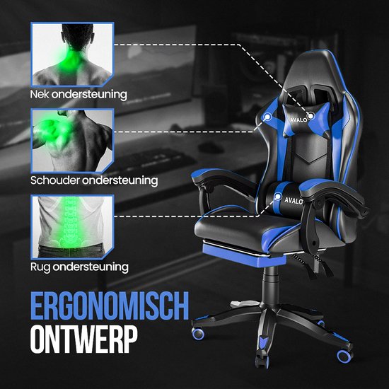 Avalo Gaming Chair - Game Chair - Ergonomischer Bürostuhl Verstellbar - Game Chair - Gaming Chair - Schwarz/Blau