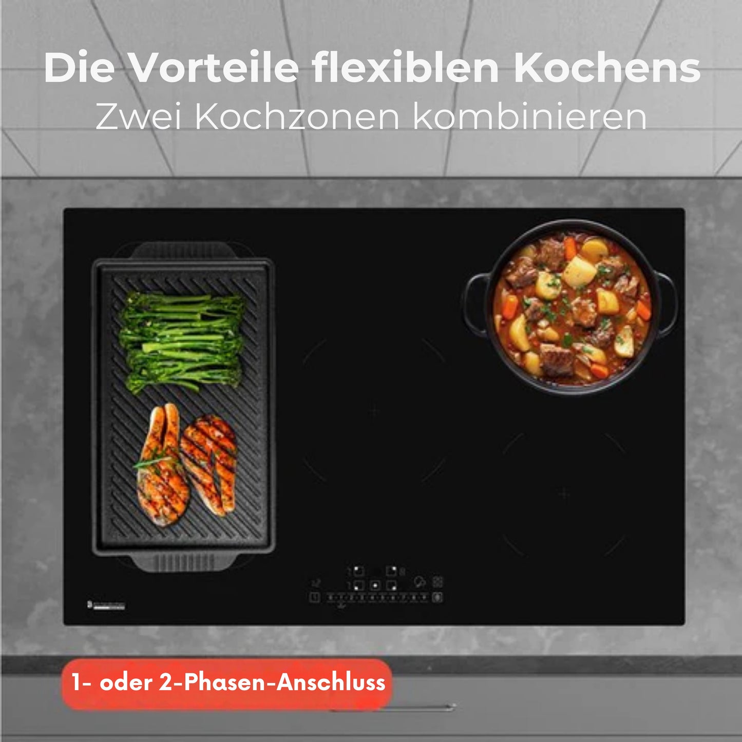 KitchenBrothers Induktionskochfeld - Einbau-Induktionskochfeld - 80 cm - 1 Flexzone + 3 Zonen - 1 und 2 Phasen - Schwarz