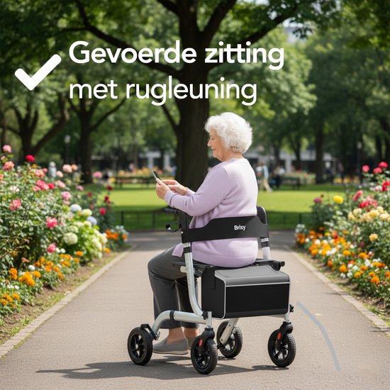 Brixy Rollator - leicht und faltbar - Sitzfunktion - Rückenlehne, Tasche und Gehstockhalterung - Grau