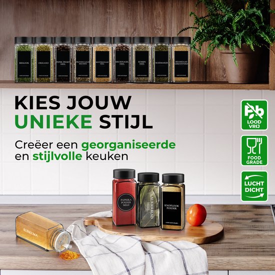 Soothe 48 Glasgewürzdosen quadratisch mit schwarzem Deckel - 2 Arten von Streudeckeln - Gewürzstreuer - Gewürzdosen - Komplettset inkl. Gewürzsticker, Kreidestift und Zubehör - 120ml