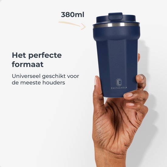 Castagnola Thermosbecher - Kaffeebecher To Go - Reisebecher für Kaffee und Tee - Teebecher - 380 ML - Edelstahl - Dunkelblau - Achteck