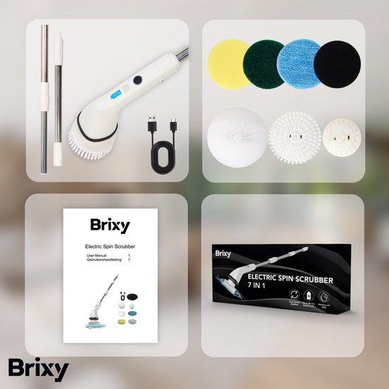 Brixy Elektrische Reinigungsbürste - Ausziehbare Schrubberbürste - Kabellos - 8 Aufsätze - Schrubber - Weiß