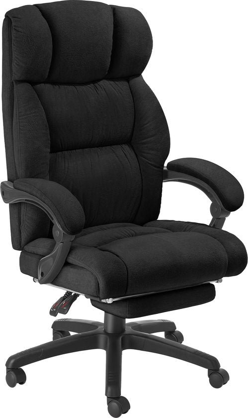 tectake® Luxus-Bürostuhl - Ergonomischer Chefsessel mit Fußstütze und Kopfstütze - Stuhl für Büro oder Schreibtisch mit dicker Velours-Polsterung - Bürostühle für Erwachsene - leichtgängig drehbar, mit Rädern - Rückenlehne und Höhe verstellbar - Schwarz