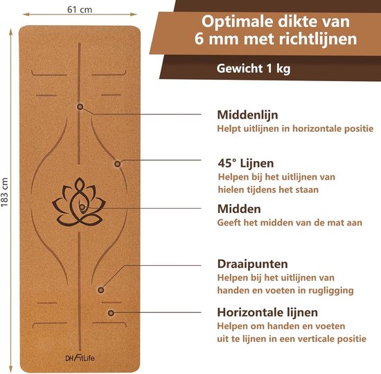 DH FitLife Yogamatte aus Kork & TPE, Matte 183 x 61 x 0,6 cm, Fitnessmatte, rutschfest und umweltfreundlich, Sportmatte natürlich selbstreinigend, Yogamatte mit Orientierungslinien (große Lotos)