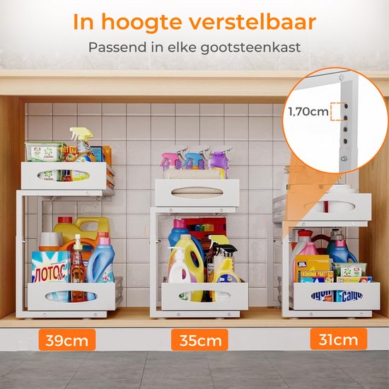 Posity Küchenschrank-Organizer - Spülenschrank-Organizer - Arbeitsplatten-Organizer - Aufbewahrungsregal - Badezimmer-Organizer - Küchenregal - ausziehbar - Metall - weiß