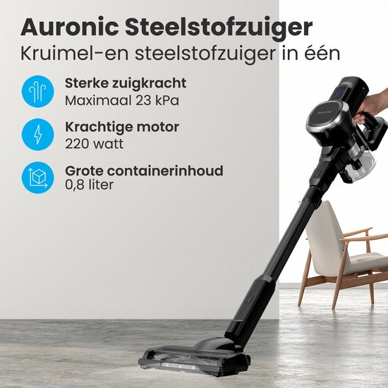 Auronic Stabstaubsauger Cordless - Selbststehender Stabstaubsauger - Ohne Beutel - 220W - Staubsauger - Schwarz
