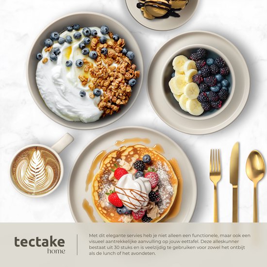 tectake® Geschirrset Una - 30-teilig - Steingut - 6 Personen - Stilvolles und langlebiges Geschirr - Geschirrset mit großen und kleinen Tellern, Schalen, Schüsseln - Tassen - Taupe