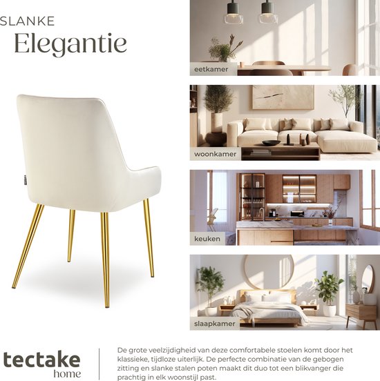 tectake - Esszimmerstuhl Avane - Samtoptik - Ergonomischer Polsterstuhl mit goldenen Stahlbeinen - Belastbarkeit 120 kg - Moderner Esszimmer- und Küchenstuhl - 2er Set - Beige