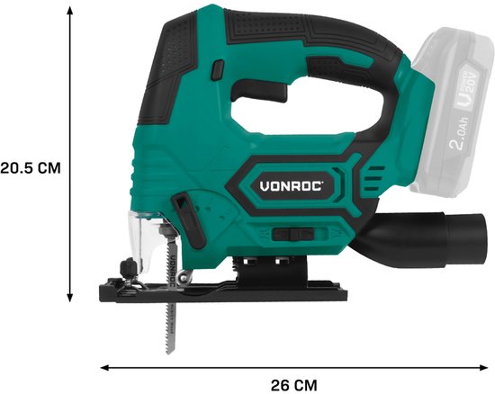 VONROC Accu-Stichsäge 20V - 4 Pendelpositionen - Schnittwinkel einstellbar von -45° bis 45° - LED-Arbeitsleuchte - Vakuum- und Blasfunktion - Inkl. 3 Sägeblätter - Exkl. Akku und Ladegerät