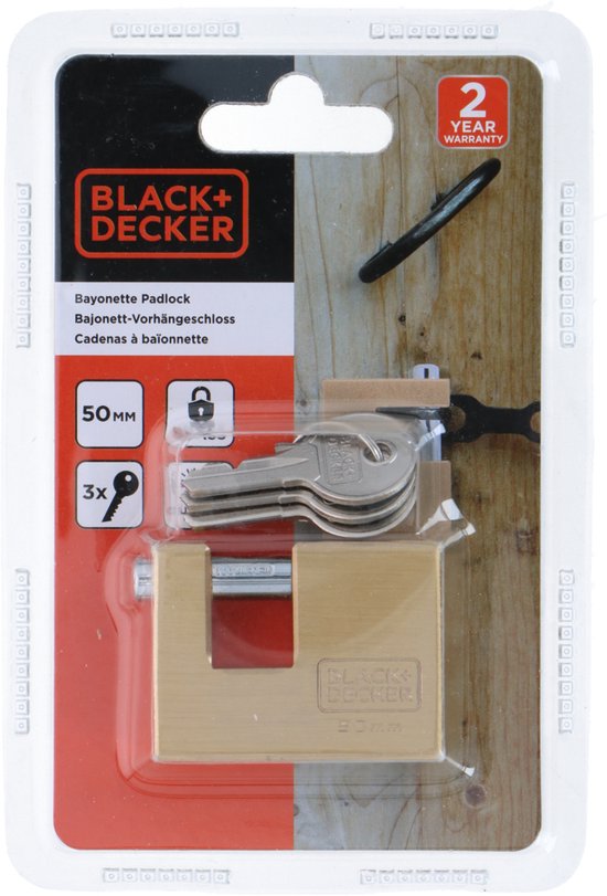 BLACK+DECKER Vorhängeschloss - 50mm - Inkl. 3 Schlüssel - Massivmessing