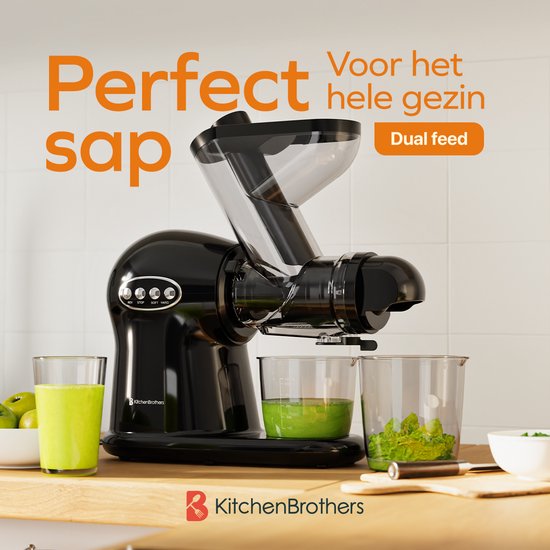 KitchenBrothers Slowjuicer XL - Entsafter - Gemüse- und Obstpresse - 43 mm und 70 mm Einfüllöffnung - 500 ml - Schwarz