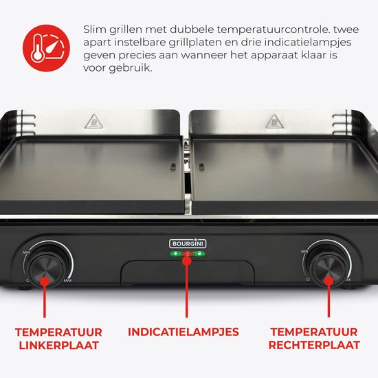 Bourgini Plancha Pure for 8 - Keramikbeschichtet (PFAS-frei) - Elektrisch - Gesundes Grillen - Backblech - Griddleplatte - Drehbare Grillplatte gerippt und flach