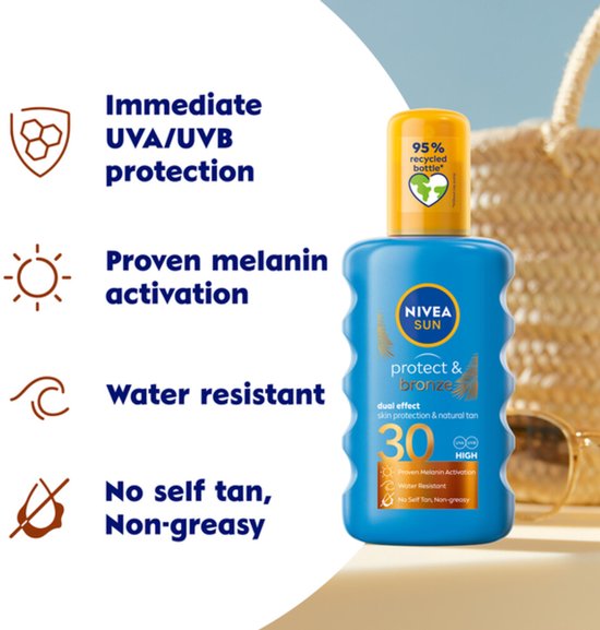 NIVEA SUN Protect & Bronze Sonnenschutzspray - SPF 30 - Sonnenspray - Wasserfest - Bräunungsfördernd - 200 ml
