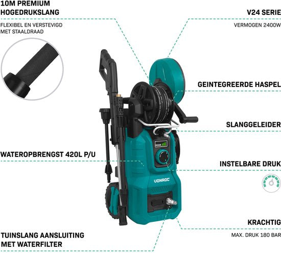 VONROC Hochdruckreiniger V24-3 - 2400W - 180 bar - Druckregler - Inkl. Terrassenreiniger, Schaumdüse und Zubehör