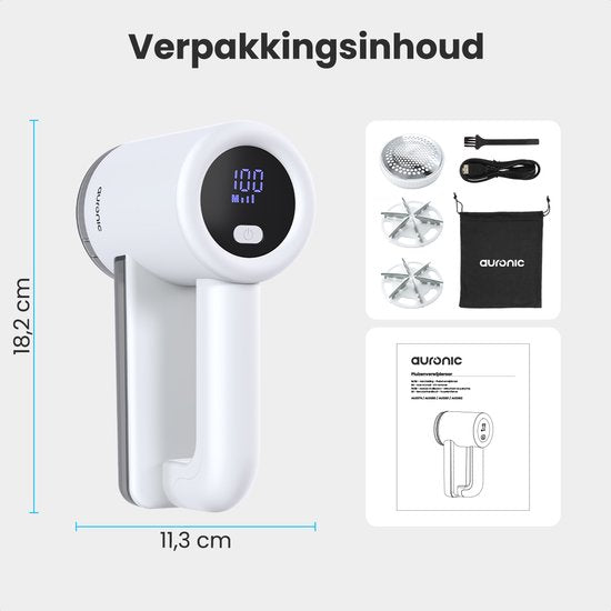 Auronic Electric Lint Remover Pro - Fusselentferner - Akkulaufzeit 120 Minuten - Wiederaufladbar - LED-Anzeige - Entlaubungsgerät - Weiß