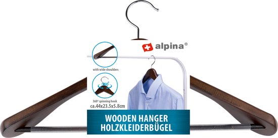 alpina Kleiderbügel Holz - Kleiderbügel 1 Stück - Breite Schultern und Anti-Rutsch - 44 x 23,5 x 5,8 CM