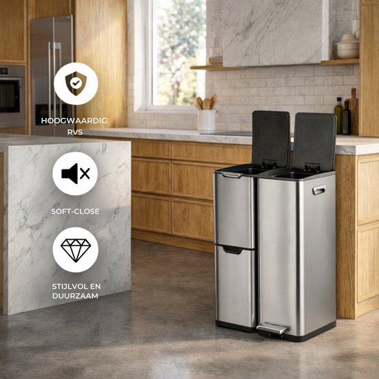 Bayt Mülleimer - Mülleimer 60 Liter - Mülleimer 60 Liter - Treteimer 60 Liter - Mülleimer Mülltrennung - Mülleimer 3 Fächer - Mülleimer - Edelstahl - Silber