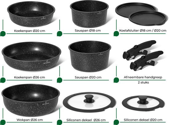 Just Perfecto 11-teiliges Induktionspfannenset - Abnehmbarer Griff - Pfannenset mit Deckel für alle Wärmequellen - Pfannen ohne PFOA - PFAS