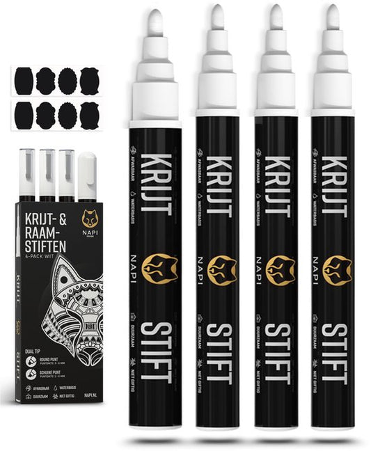 NAPI 4 Kreidemarker weiß - abwaschbar - Fenstermarker 3 & 6mm - Kreidemarker für Tafel & Fenster - Whiteboardmarker - Whiteboardmarker - Glasmarker - Kreidemarker - Porzellan - Glas - Inkl. 20 Sticker