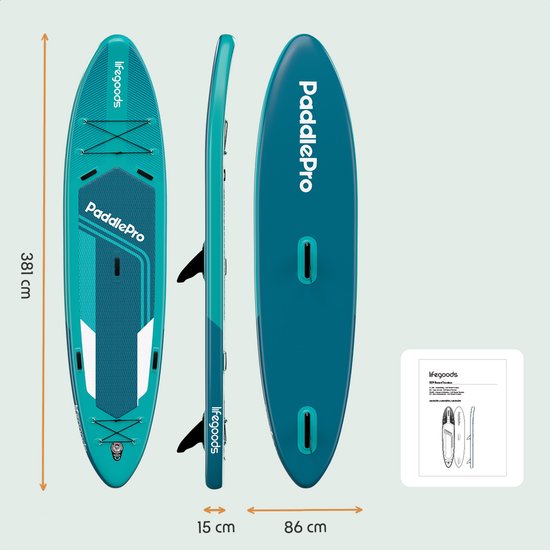 LifeGoods - SUP Board Tandem - 2 Personen - 220 KG Tragfähigkeit - 381 x 86 cm - Aufblasbar - Deep Aqua
