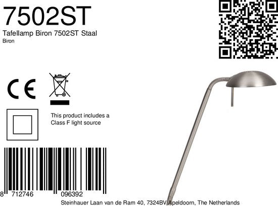 Stahl-Tischlampe Biron, 1-flammig, 7502ST, mit dreh- und neigbarem Arm, 17 cm große Fußplatte, 185 cm langes Kabel, klassisches Design, Mexlite