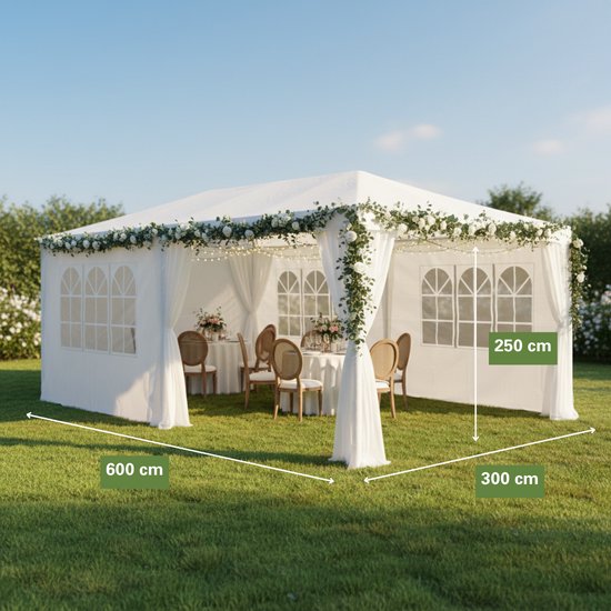 Kinzo Partyzelt 3 x 6 m – Zeltpavillon für 70 Personen – Gartenpavillon mit 6 Seitenwänden – Gartenzelt mit einer Firsthöhe von 2,5 m – Partyzelt, wasserdicht und UV-beständig – Weiß