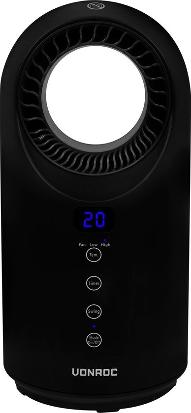 VONROC Elektroheizung - Heizlüfter - 1000W/1500W - Messerlos - Keramik - 3 Stufen - Inkl. Fernbedienung - Swing-Funktion - Thermostat und Timer - 15m2 - Schwarz