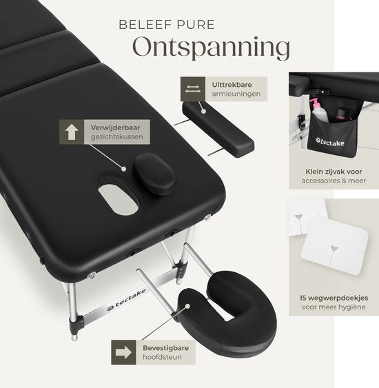 tectake® 3-Zonen-Massagetisch - 70cm breit - Behandlungsliege mit 5cm dicker Polsterung und Aluminiumrahmen - Inklusive 15 Kopfstützentüchern und Tragetasche - Maximale Belastbarkeit 230kg - Schwarz