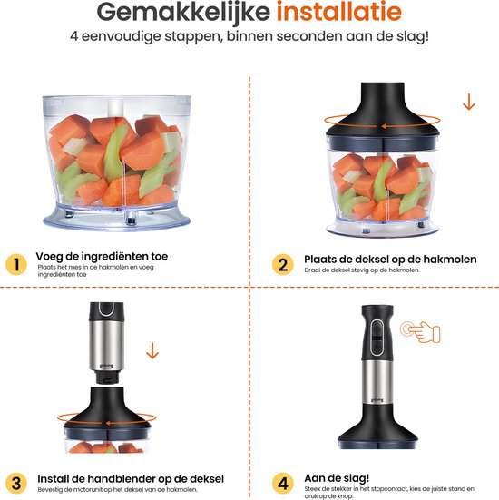 Goliving Stabmixer-Set 5-in-1 - Zerkleinerer - Messbecher - Schneebesen - 1000W - spülmaschinenfestes Zubehör - Edelstahl - Schwarz