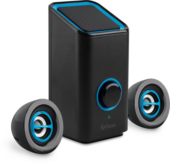 PC-Lautsprecher - Mit Bluetooth 5.0 - Computer-Lautsprecher - Lautsprecher für PC - USB-C und USB-A - Komplettes 3-teiliges Set - Lautsprecher-Set - Schwarz und Blau - Faas