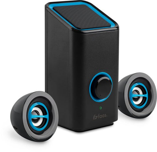 PC-Lautsprecher - Mit Bluetooth 5.0 - Computer-Lautsprecher - Lautsprecher für PC - USB-C und USB-A - Komplettes 3-teiliges Set - Lautsprecher-Set - Schwarz und Blau - Faas