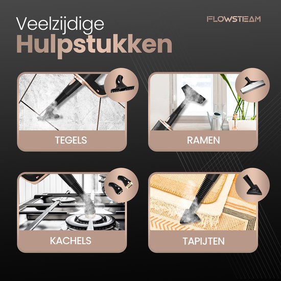 FLOWSTEAM® Deluxe Dampfreiniger - 13 Aufsätze - 120° Dampf - Inklusive 2 Mikrofasertücher - schwarz