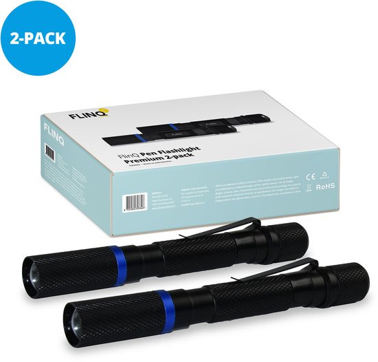 FlinQ Stift-Taschenlampe - 100 Lumen LED-Lampe - Batteriebetrieben - Wasserfeste Taschenlampe - Militärische Taschenlampe - Ideal für Notfallausrüstung - Geeignet für Kinder - 100 Meter Sichtbarkeit - 2 Taschenlampen