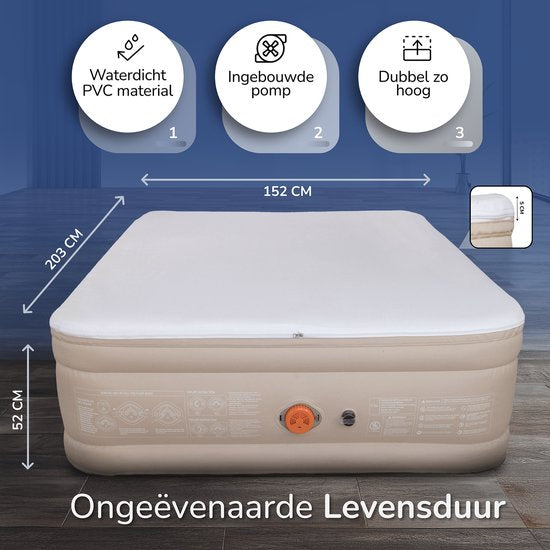 FLOAT CloudSpring - 2-Personen-Luftbett mit (5 cm) Schaumstoffauflage - <3 min schnelles Aufblasen - Inklusive 2 Aufbewahrungstaschen, Tragetasche und Reparaturset - 203x152x46 cm - Selbstaufblasende Zwei-Personen-Luftmatratze - Eingebaute elektrische Pum