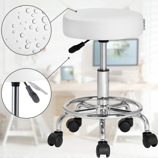 Rollhocker - Höhenverstellbar 360°C drehbar - 51-65cm Sitzhöhe Weiß