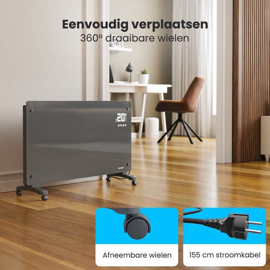 Auronic Electric Heater - Konvektor-Heizung mit Thermostat und Fernbedienung - Glasheizung - 2500W Heizung - Grau